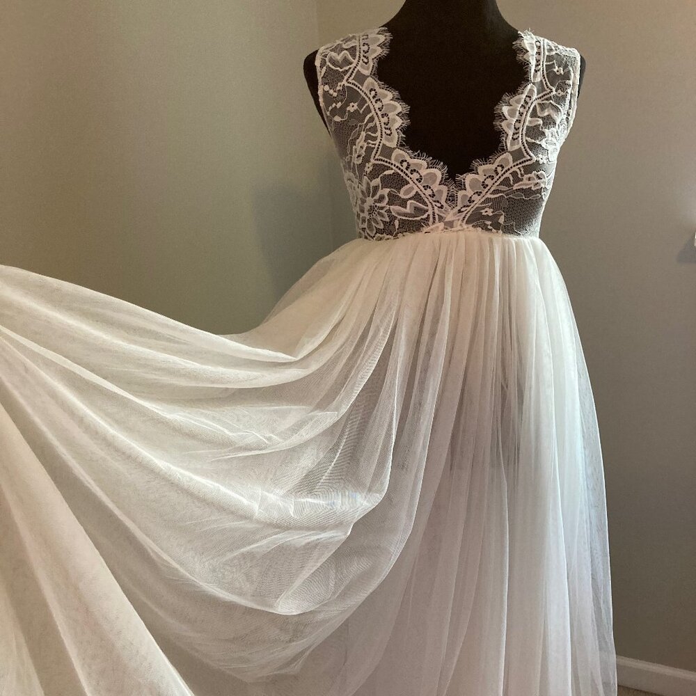 White empire waist strikes back empire waisted sheer lace tulle gown